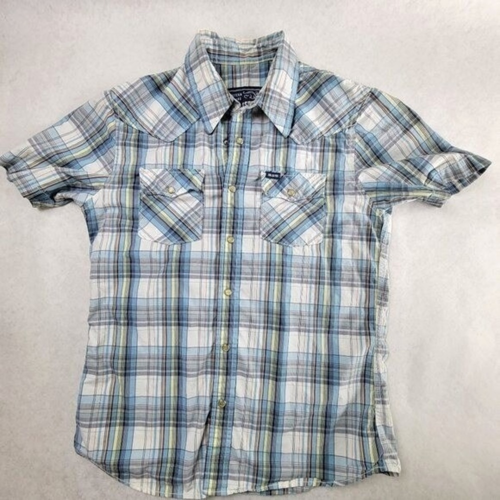 Hollister Co Mens Blue Plaid Short Sleeve Western Pearl Snap‎ Shirt Small